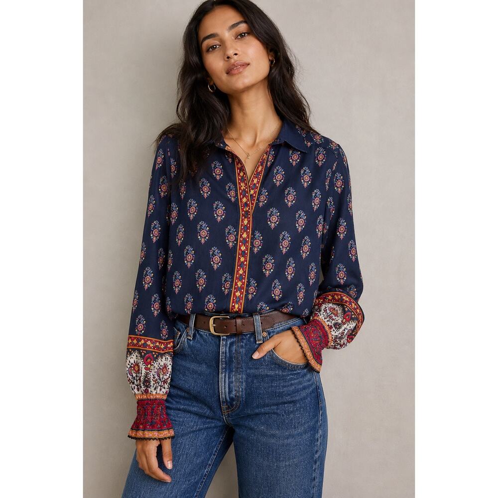 Anthro Tanvi Kedia Navy Floral Paisley Boho Blouse Small